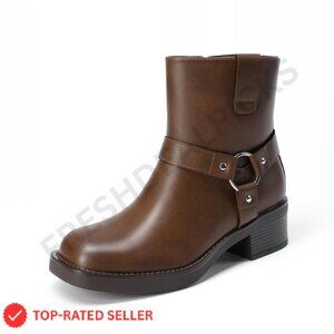Ankle Booties Side Zipper Motorcycle Boots Square Toe Chunky Heel